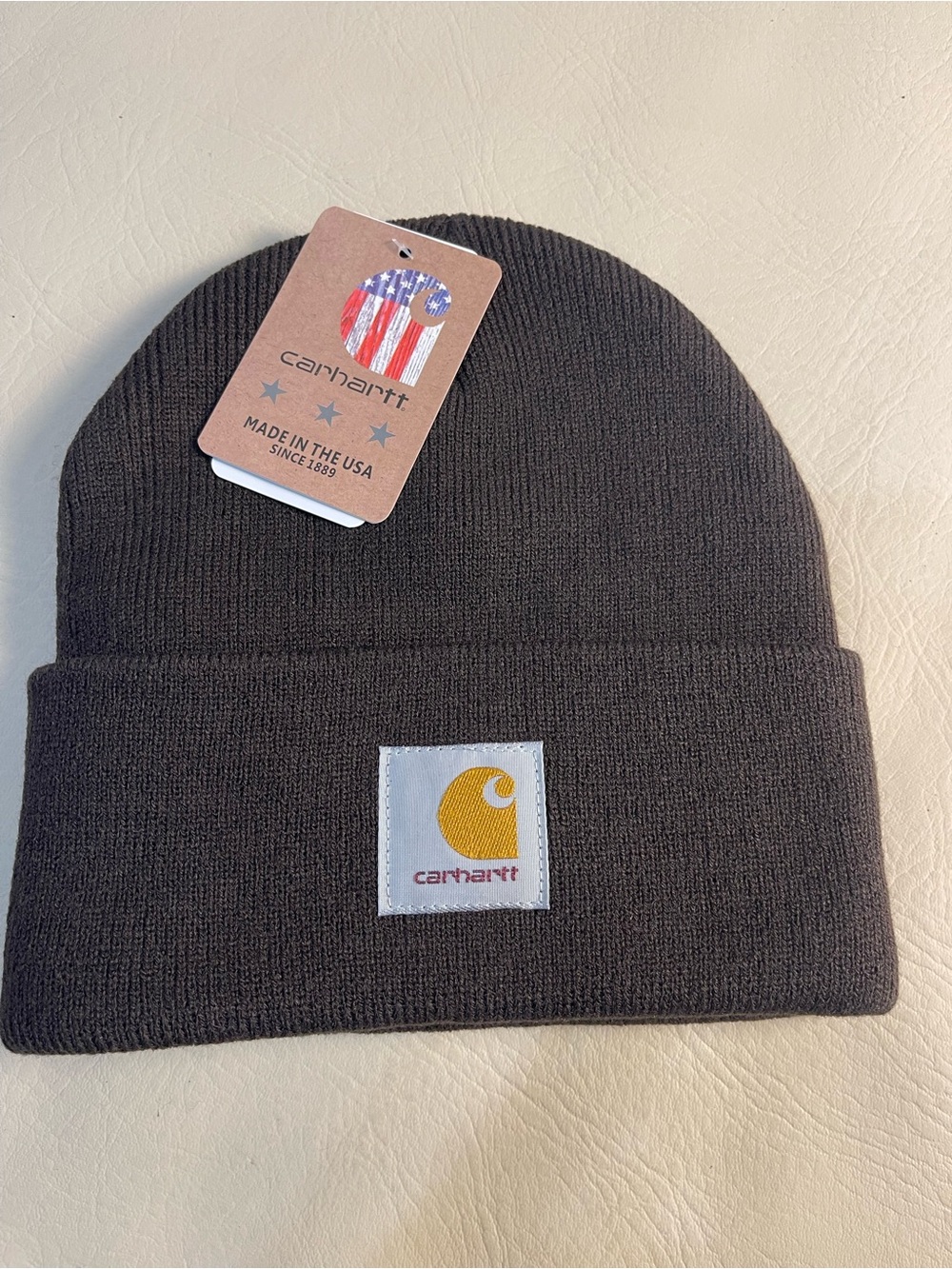 Carhartt Knit Cuffed Beanie in Dark Brown with Yellow‎ Logo